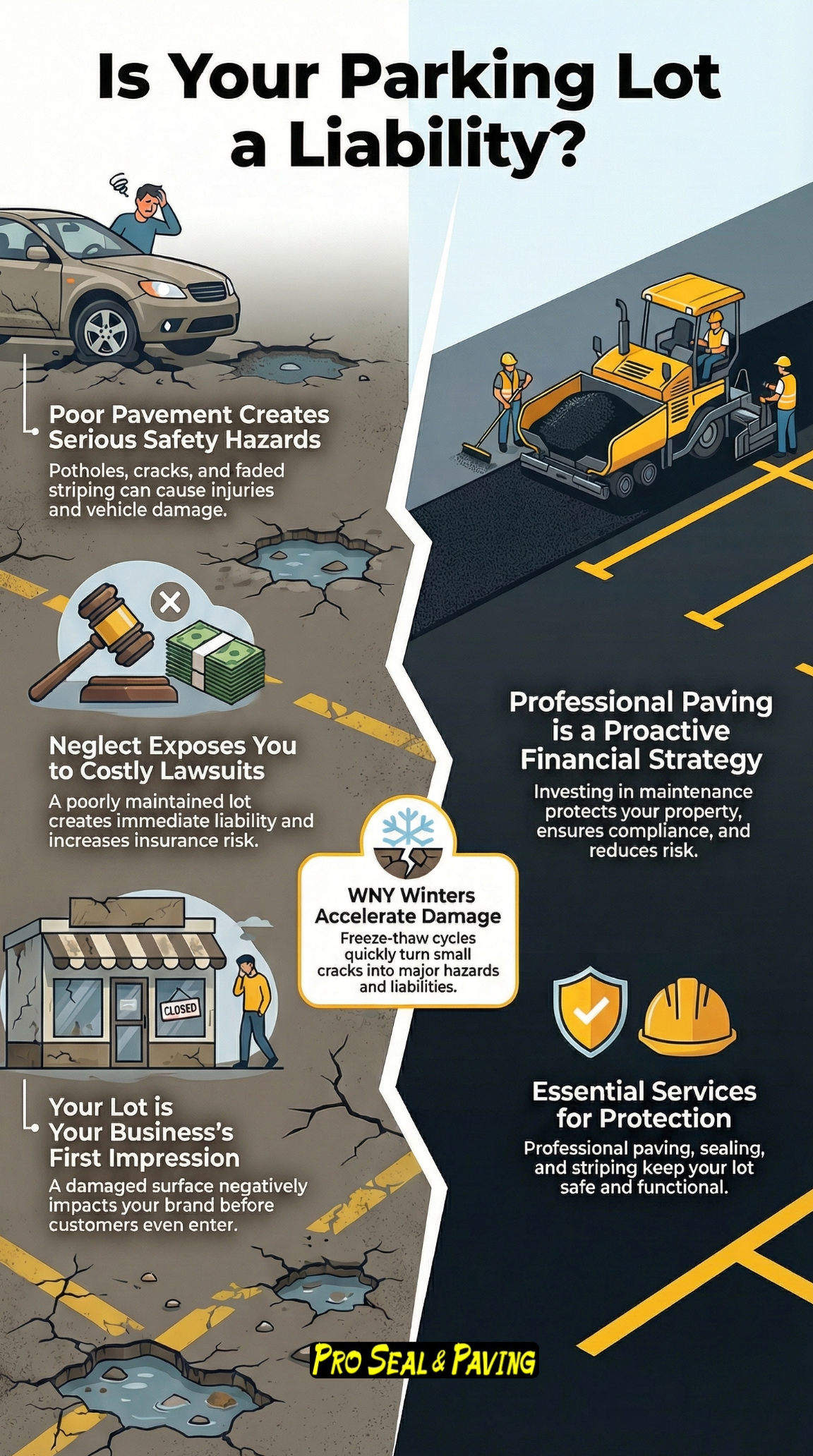 parking lot maintenance Western New York, pothole repair for commercial parking lots, cracked asphalt liability risks, parking lot slip and fall prevention, commercial paving Genesee County NY, asphalt maintenance Orleans County NY, parking lot striping requirements NY, ADA compliant parking lot striping, fire lane striping and signage, parking lot insurance liability risks, asphalt crack sealing benefits, commercial parking lot resurfacing, pavement maintenance for businesses, professional paving contractor Western NY, parking lot safety compliance