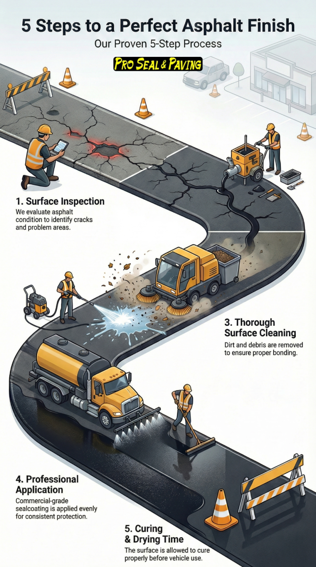sealcoating process, asphalt sealcoating process, professional sealcoating, crack filling before sealcoating, asphalt surface preparation, sealcoating application, asphalt cleaning before sealing, commercial grade sealcoating, driveway sealcoating process, parking lot sealcoating process, pavement protection process, asphalt maintenance process