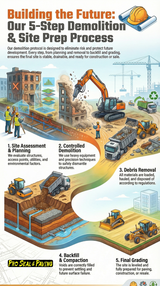 demolition process steps, professional demolition planning, controlled demolition services, site assessment demolition, debris removal demolition, demolition backfill compaction, final grading after demolition, demolition site preparation, excavation and demolition process, foundation removal process, concrete demolition methods, safe demolition procedures, demolition for paving preparation, land clearing demolition services, demolition site stabilization