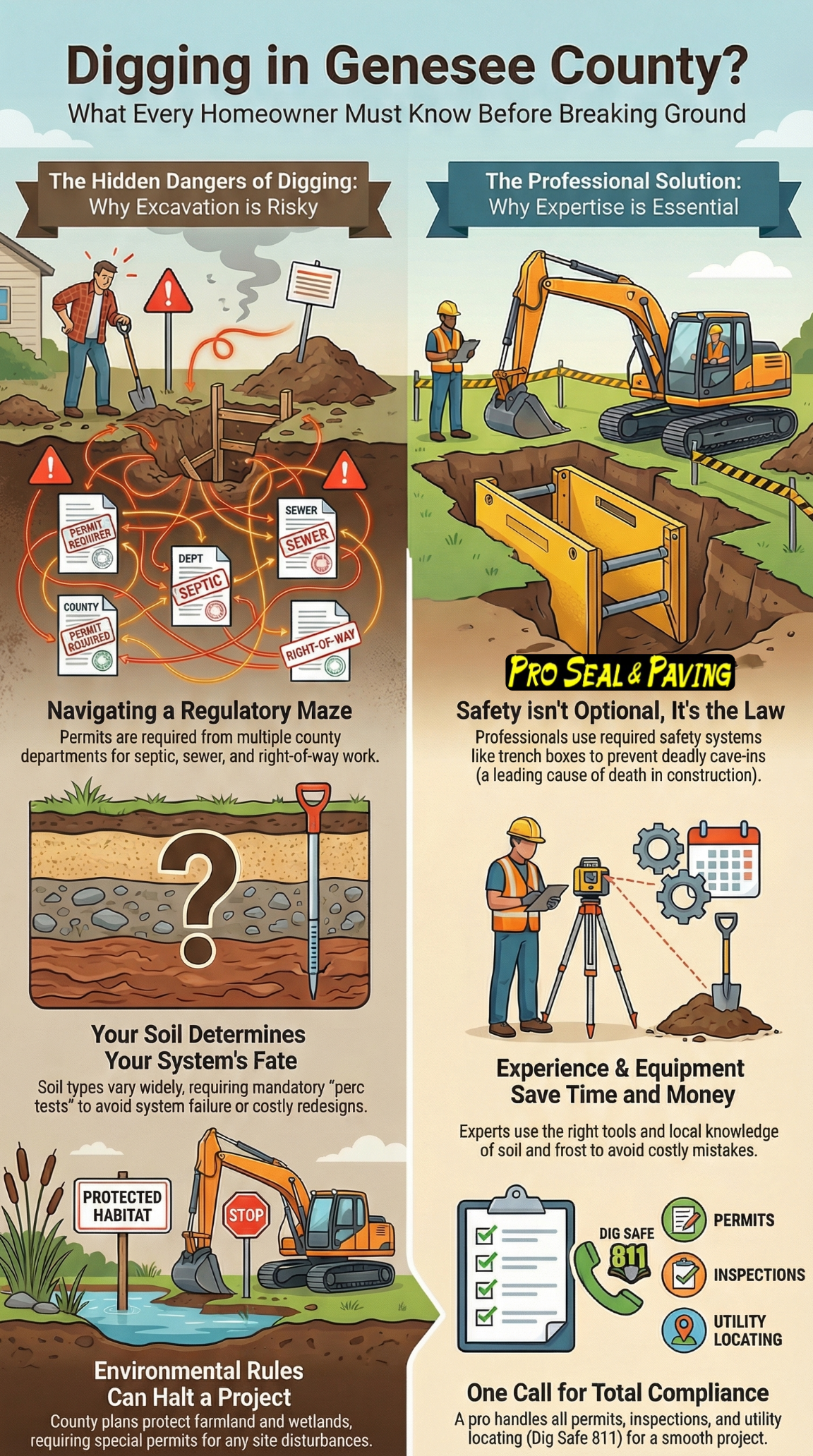 Genesee County septic permits, Genesee County soil percolation test, Batavia NY excavation services, rural septic systems Genesee County, NY Appendix 75 A septic rules, Smart Growth Plan Genesee County, septic vs sewer Genesee County, water main depth requirements NY, excavation safety standards NY, licensed excavator Genesee County