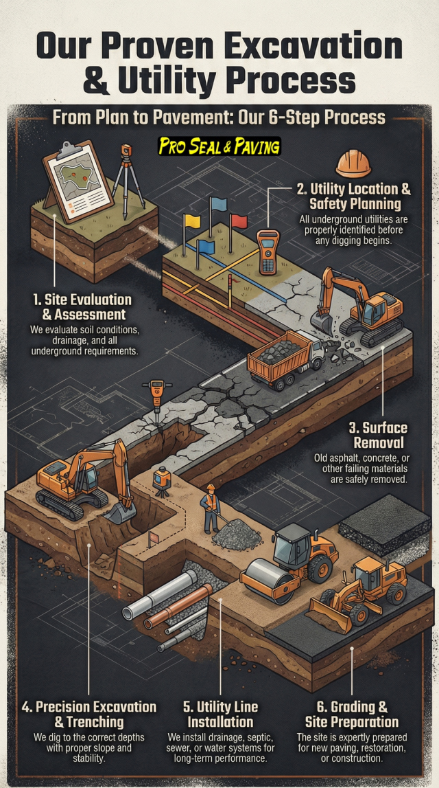 excavation process, professional excavation process, utility excavation process, trenching services, precision excavation, site evaluation excavation, utility locating before digging, asphalt and concrete removal, drainage installation process, septic system excavation, sewer line trenching, main water line installation, grading and site preparation, excavation safety planning, underground utility installation